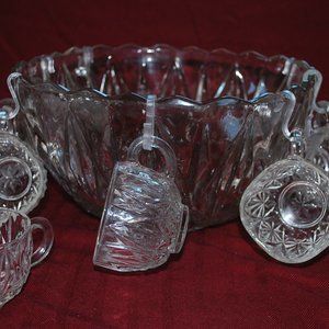 Antique Lead-Glass Punch Bowl with Cups